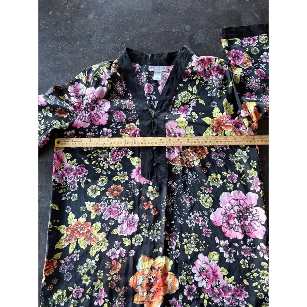 Morgan Taylor Large Silky Satin Black Floral Pajama Set PJ'S Fairy Garden Whimsy